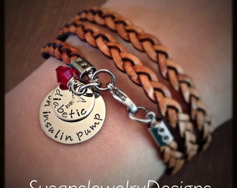 Flat Leather Triple Wrap Medical Alert Bracelet - 1 sided stainless steel discs & components -choice of leather and size -Swarovski crystal