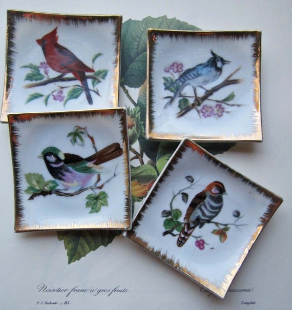 4 Decorative Bird Plates Small Colorful Bird Dishes