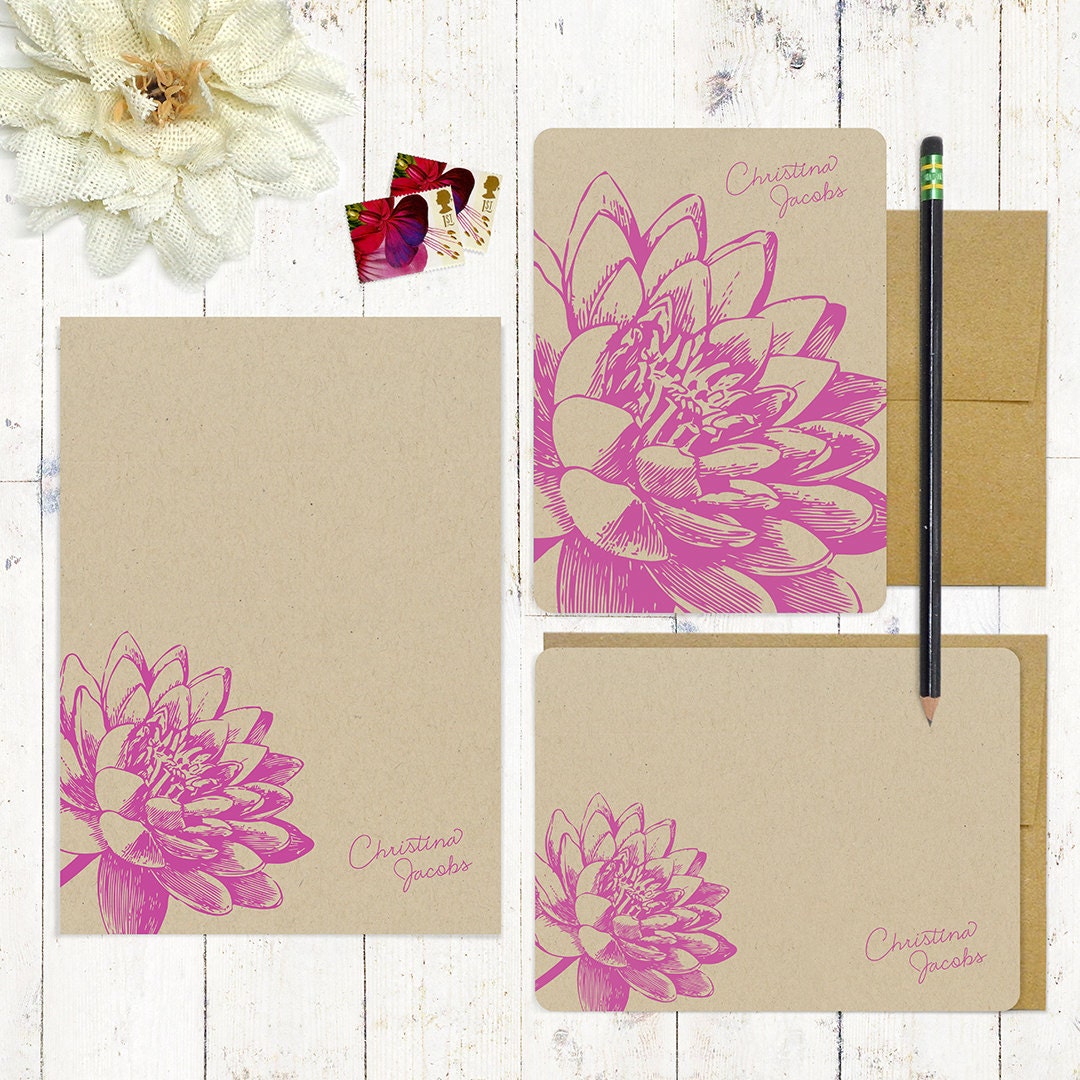 complete personalized stationery set - LOTUS FLOWER BLOOM - personalized kraft stationary - notepad - note cards - floral - botanical
