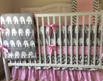 Baby Girl Crib Bedding Pink and Gray Elephant