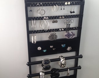 Jewelry Organizer Double Deluxe, "You Choose The Stain" 25 x 14, Bracelet Holder, Earring Rack, Ring, Necklace, Wall Mount, Solid Oak Wood
