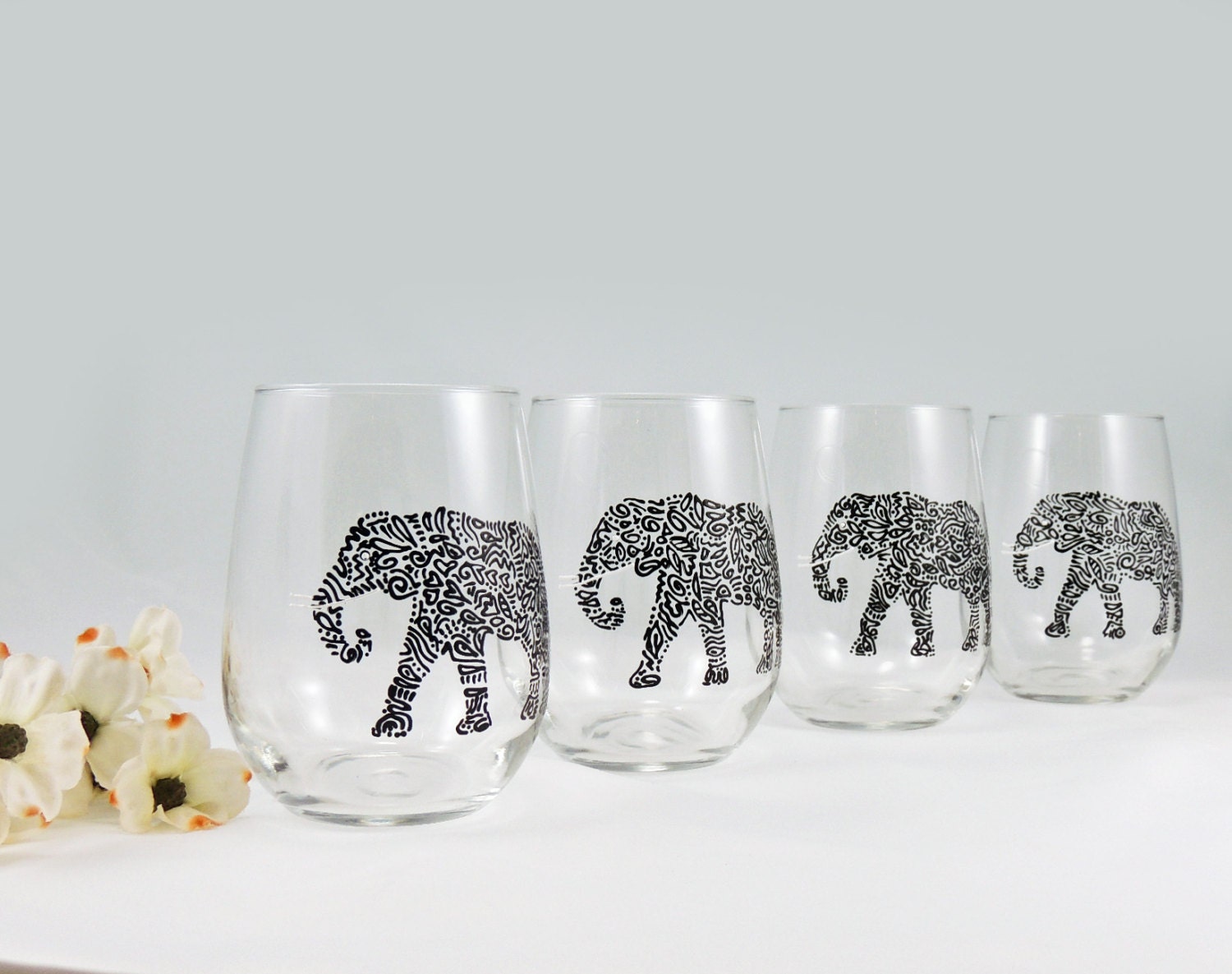 Elephant wine glasses Hand painted stemless white wine