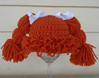 Cabbage Patch Hat, You Pick the Color 11 colors to choose from, Sizes Newborn to Large Adult Halloween wig costume Pigtails hat with ribbon