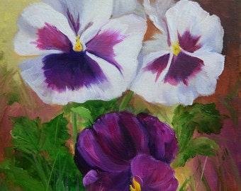 Pansies and Violet Floral Still Life Painting, Original Canvas Oil Painting by Cheri Wollenberg