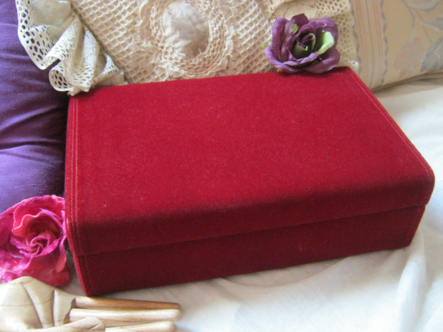 Vintage berry color fabric covered box, ruby red fabric storage box
