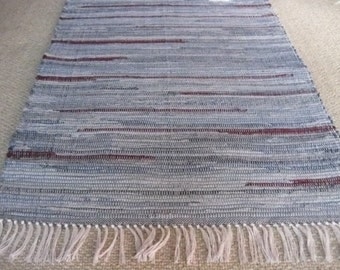Handwoven Denim w/ Burgundy Accents Rag Rug 25 x 95