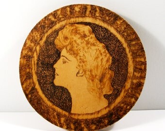 Vintage Farmhouse Decor, Antique Pyrography Portrait Edwardian Woman, Gibson Girl Esque, Antique Flemish Art, 1900s Wood Burning Art