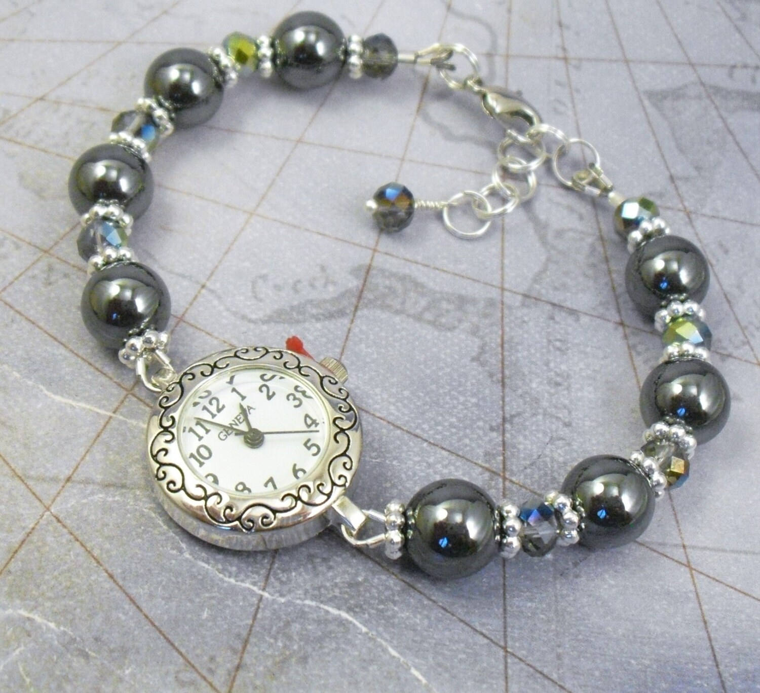 Beaded Bracelet Watch Hematite and Vitrail Crystal by mmojewelry