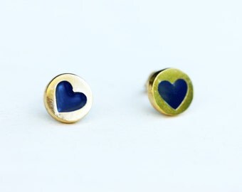 Blue Heart Studs, Heart Studs, Round Gold Studs, Enamel Heart Studs, Blue Studs