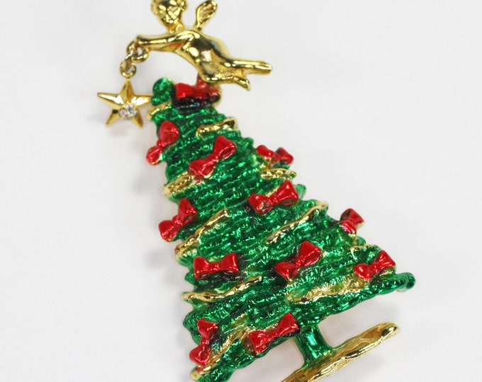 Enameled Christmas Tree Pin Angel with Star Dangle Vintage Holiday Jewelry Signed AJC