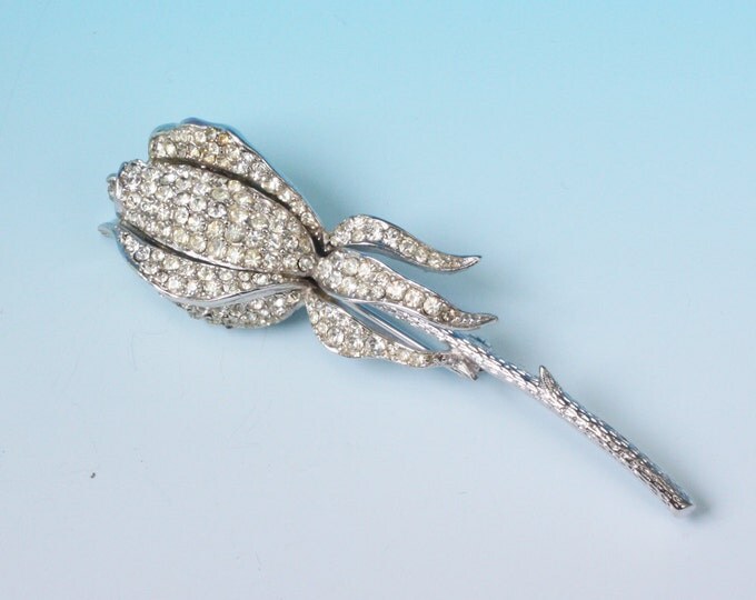 Rhinestone Rosebud Brooch CoroCraft Pave Set Stones Vintage Gift Bride Mom