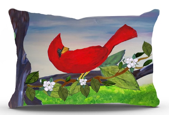 Cardinal red bird lumbar throw pillow double sided bird design