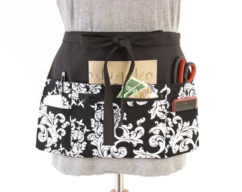 Vendor apron - Waitress apron - Teacher Apron - half apron with zipper pocket - adjustable waist strap Black and White Scroll utility apron