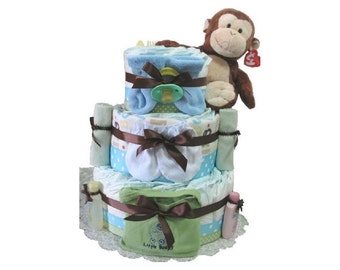 Boy Diaper Cake, Layered Cake made of diapers decorated with Monkey theme. Unique gift for babies