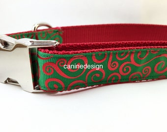 Christmas Dog Collar, Swirl on Green, 1 inch wide, adjustable, quick release, metal buckle, chain, martingale, hybrid, nylon