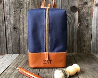 Hanging Toiletry Bag - Mens Dopp Kit - Personalized Dopp Kit - Navy & Tan