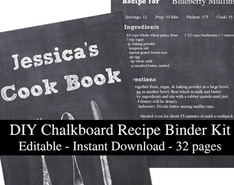 DIY Chalkboard printable recipe binder kit editable planner instant download recipe book organizer PDF
