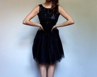 Sequin Top Vintage Women Sleeveless 60s Black Sequin Crop Top Scoop Back Tank Top - Small S