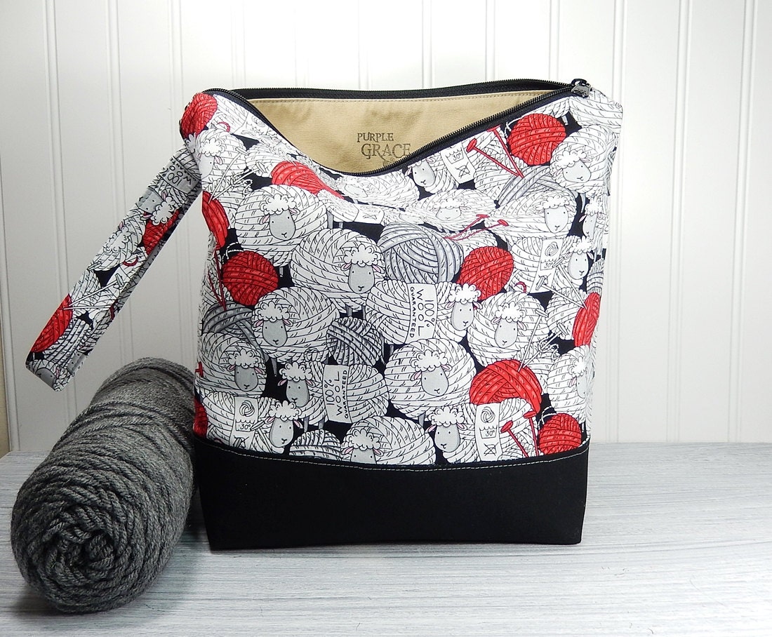Sheep Knitting bag large zipper pouch yarn bag by PurpleGrace2