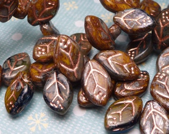 Midnight Falling Leaves with COPPER - Glass Beads 10pc