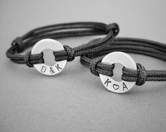 Couples, matching stamped bracelets, 2 Bracelets, Small Aluminum Disk with Stamped initials and adjustable Paraline cord, his and hers, Set