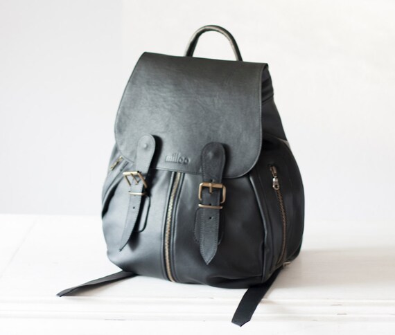 Leather backpack in black for women rucksack back by milloo