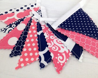 Bunting Banner Mini, Fabric Banner, Fabric Flags, Girl Nursery Decor, Birthday Decoration - Coral Pink, Navy Blue Chevron, Dots and Damask