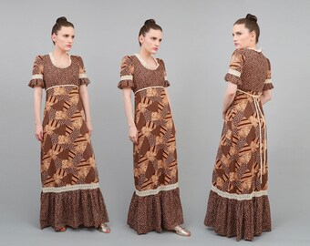 70s Maxi Dress | Calico Floral Dress Empire Waist Boho Lace Prairie Dress Puffy Sleeve Patchwork Dress Hippie Maxi Dress Brown Cream - XS S