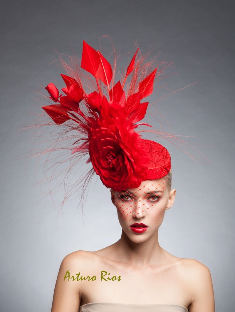 Red couture Fascinator Cocktail hat Melbourne cup by ArturoRios