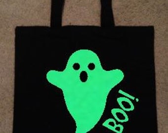 Halloween bag, trick-or-treat bag, glow in the dark bag, candy tote, ghost bag, jack-o-lantern reusable
