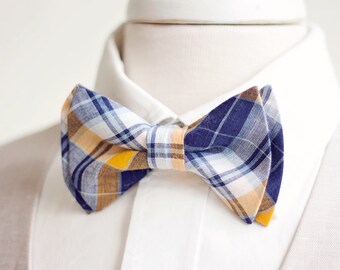 The Beau- men's organic madras navy and yellow plaid double stacked pre-tied bow tie // groomsmen bow ties // custom neckties