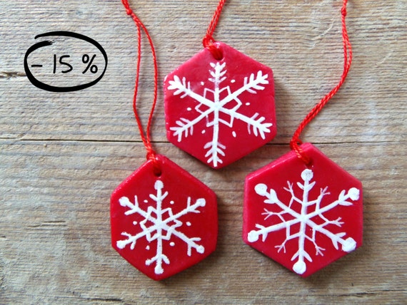 cornstarch clay ornaments red hexagons with white snowflakes cornstarch clay ornaments red hexagons with white snowflakes