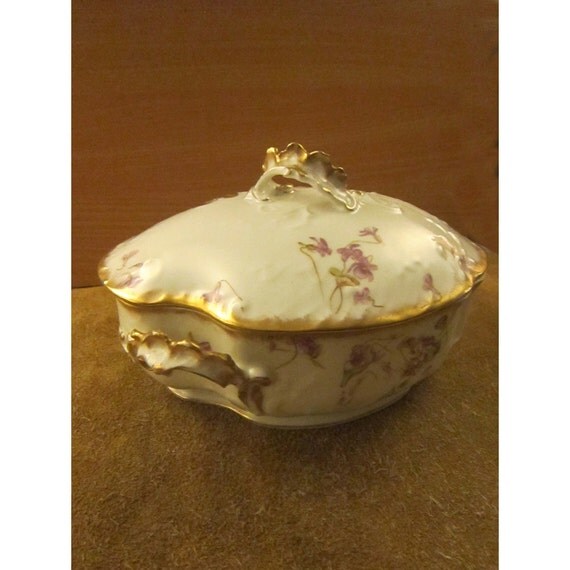 Limoges Purple Violet Flowers Embossed Porcelain Covered