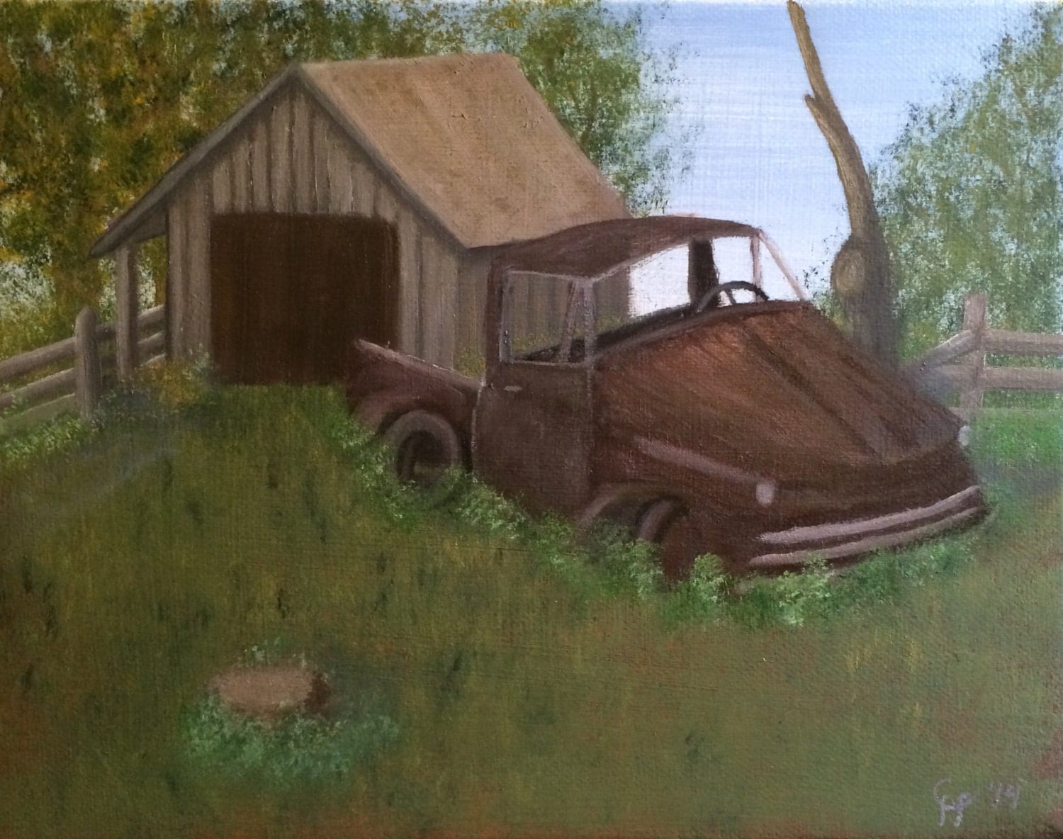 Old truck and barn Art print Primitive oil painting print