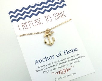 Gold Anchor Necklace with dainty pearl accent - choose carded with I Refuse to Sink Anchor of hope message or in a silver gift box