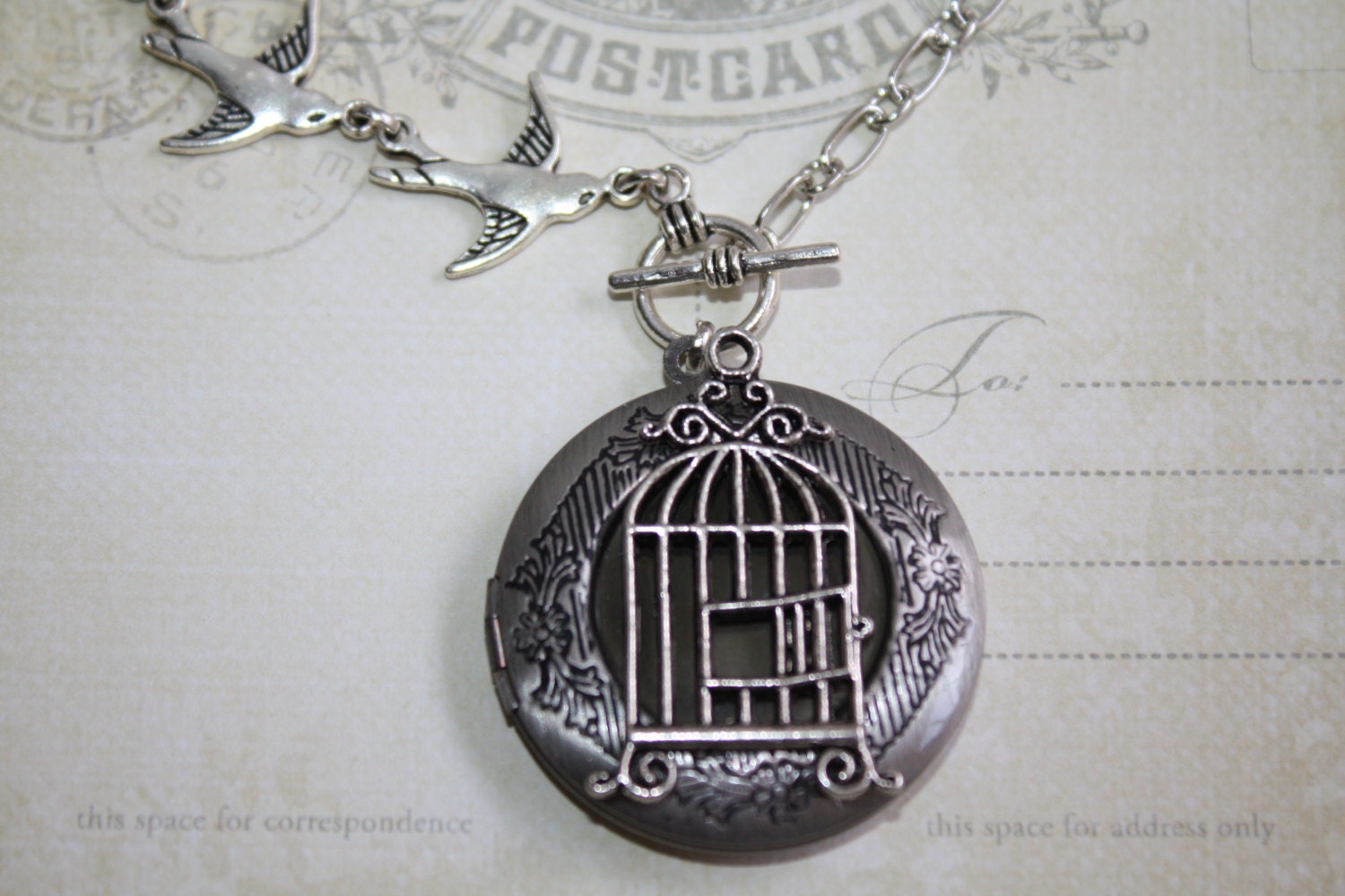 Bird Cage Locket Necklace Silver Locket Jewelry by PenelopesPorch