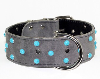 Grey Suede Leather Dog Collar - Turquoise Dog Collar - Grey Suede Leather Dog Collar With Turquoise Rivets - Suede Leather Dog Collar
