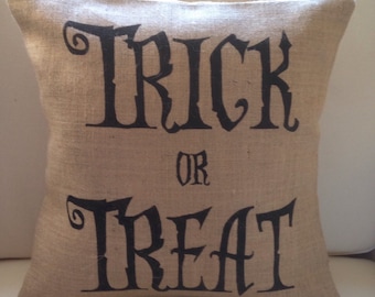 Halloween pillow cover Trick or Treat burlap (hessian) pillow cover