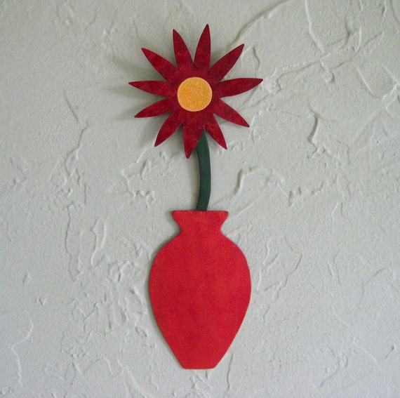 Metal Wall Art Flower Recycled Metal Mini Flower Vase Red