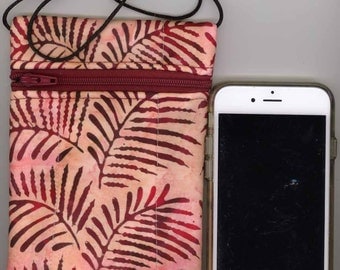 Cell Phone & Passport Bag - Quilted Cotton - Maroon and pink batik - Long strap - Fits iphone