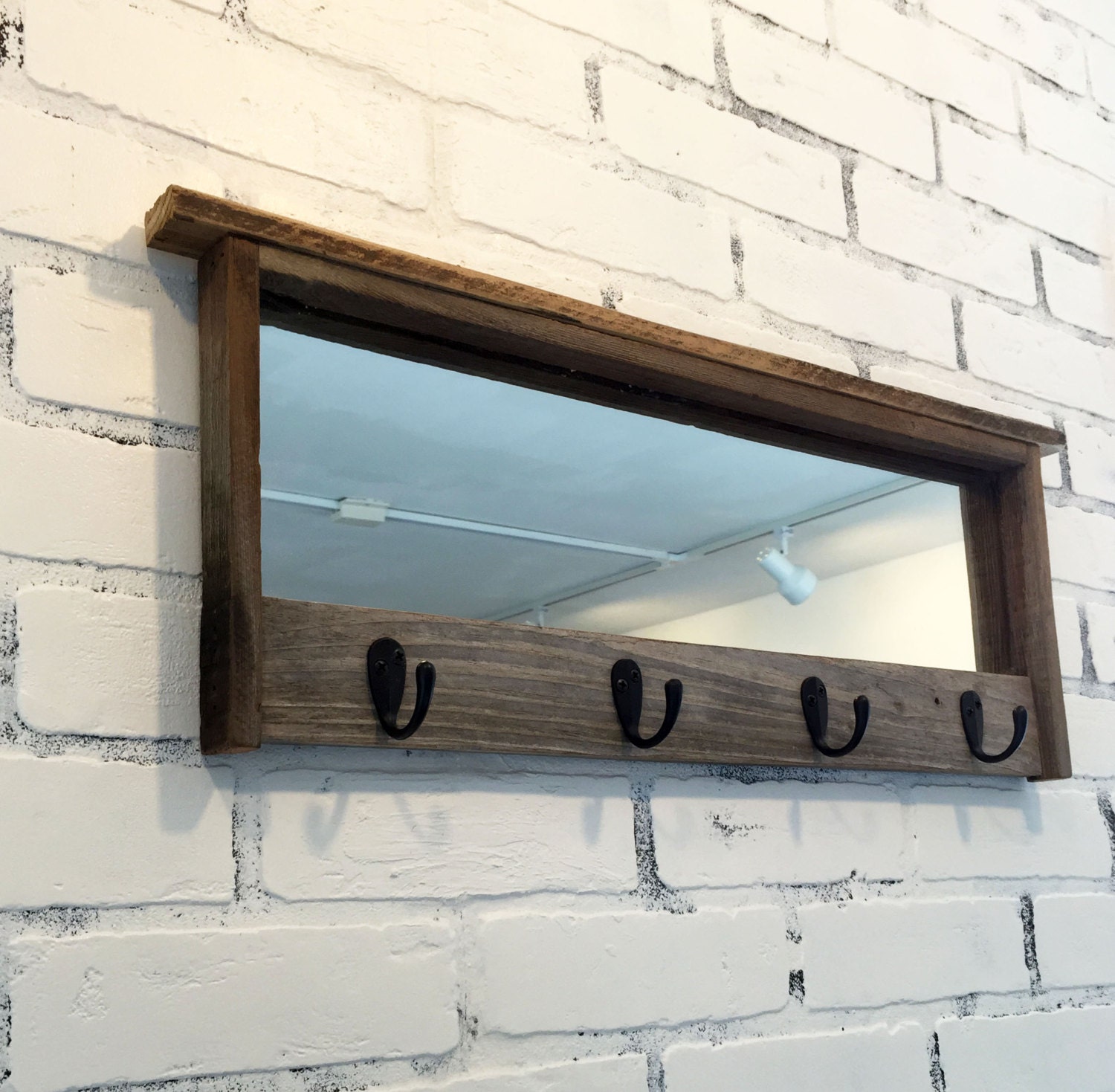 Entryway Mirror with Four Coat Hooks Rustic Reclaimed Wood