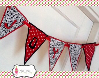 Bunting machine embroidery design. Made in the hoop bunting applique. Made ITH bunting embroidery project in two sizes 4 x 4 and 5 x 7.
