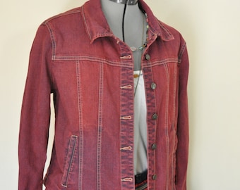 Red Petite Large Denim JACKET - Scarlet Red Dyed Upcycled Live a Little Cotton Trucker Jacket - Adult Womens Petite Large (42" chest)