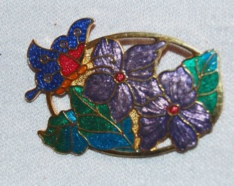 Vintage / Butterfly / Flowers / Brooch / Cloisonne / Enamel / old / jewelry / jewellery
