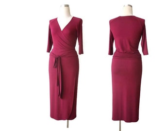 Wrap dress, Bridesmaid dress, Cocktail dress, Long wrap dress, Long sleeve dress, Sexy dress, Plus Size Wrap Dress, Red wine burgundy Dress