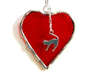 Stained glass heart suncatcher, I love my cat, cat heart, red heart ornament, mini heart, cat lover gift under 15, cat ornament