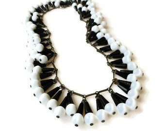 Art Deco Czech Necklace - Black White, Egyptian Revival, Fringe Necklace, Art Deco Jewelry, Antique Jewelry
