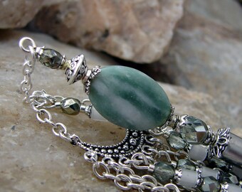 Green Stone Hair Stick with Czech Glass and Geisha Dangle Hairstick Haarstab Stone Hair Pin - Annorah