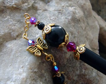 A Geisha Style Hair Stick with Black Pearls and Striking Siam Red 2X AB Swarovski Crystals Geisha Hair Accessory - Mohini