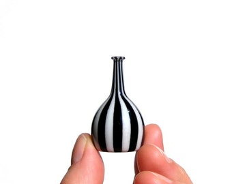 Miniature Bottle in Black and White Stripes, Hand Blown Glass